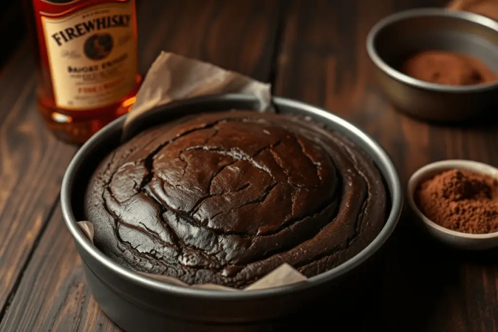 A freshly baked chocolate cake with a moist texture, ready to be cut and layered for a Firewhisky trifle.