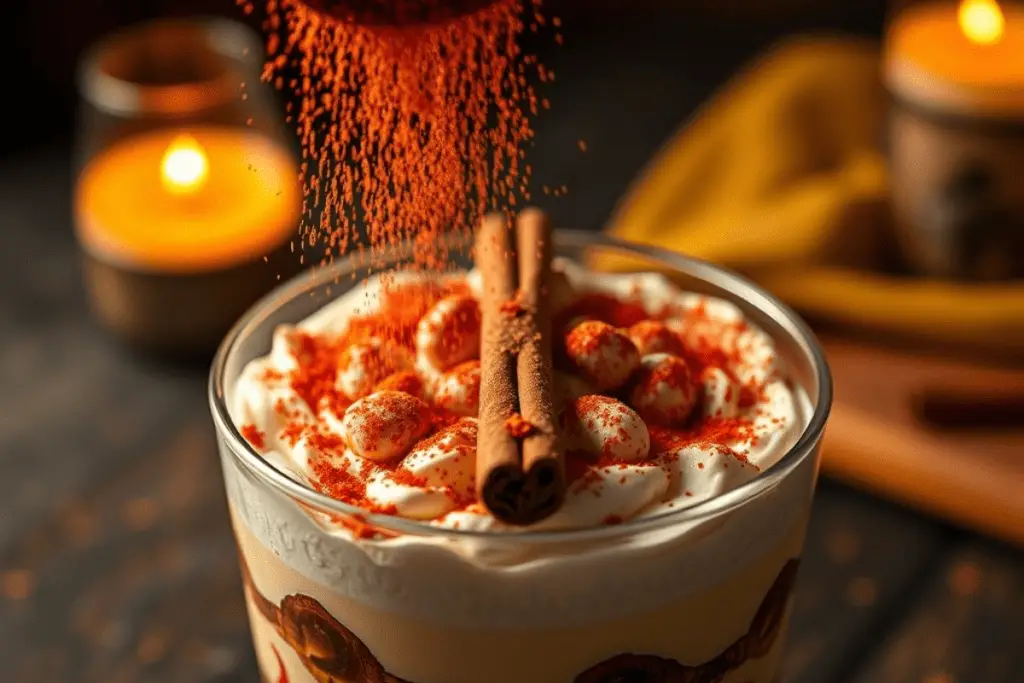 A Firewhisky chocolate trifle topped with cinnamon sugar and red edible glitter, creating a fiery and magical finishing touch.