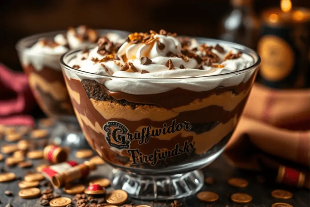 A decadent spoonful of Gryffindor Firewhisky chocolate trifle, showcasing its rich layers of cake, custard, and whipped cream, ready to be enjoyed.