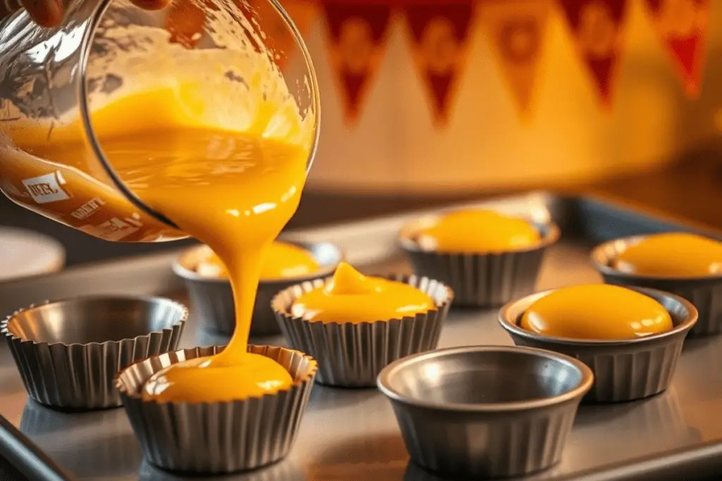 Small cake molds filled with honey cake batter, ready to be baked into Gryffindor-inspired treats.