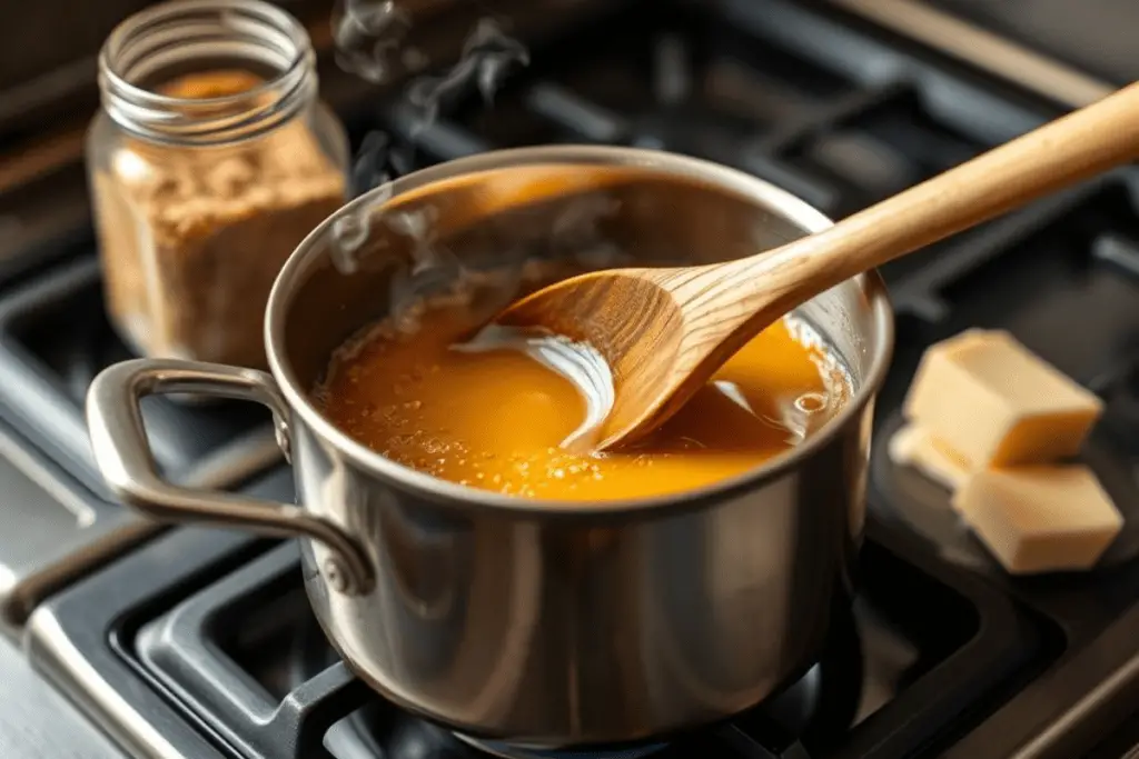 A saucepan with homemade butterscotch syrup bubbling on the stove, being stirred to a golden caramel consistency.