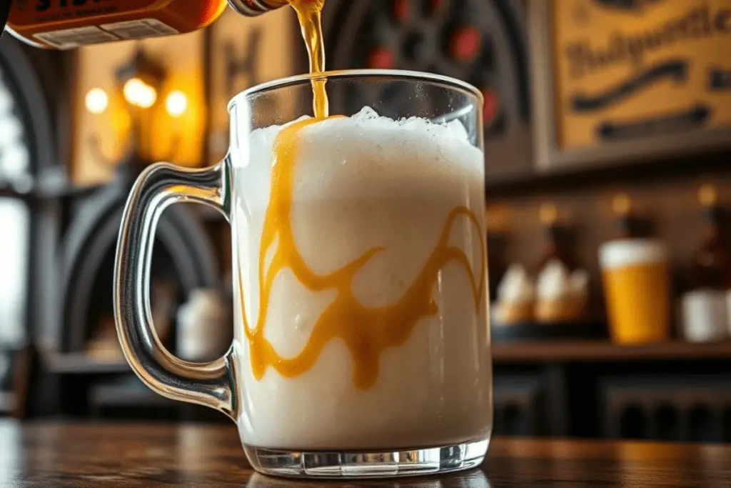 A glass mug being filled with cream soda and butterscotch syrup, creating the sweet and frothy base for Butterbeer.