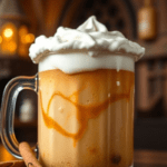 A frothy, golden Butterbeer in a vintage glass mug with thick, creamy foam, set on a rustic wooden table. The warm lighting and blurred background hint at a magical Hogwarts tavern atmosphere.