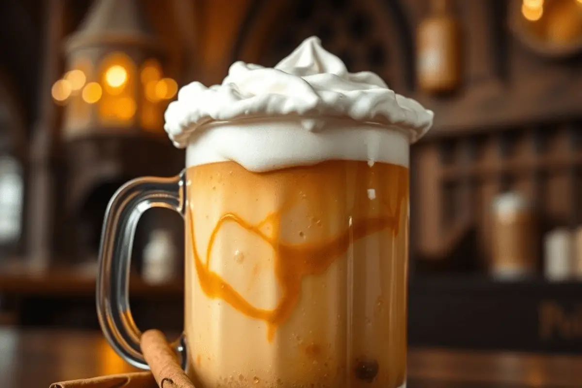 A frothy, golden Butterbeer in a vintage glass mug with thick, creamy foam, set on a rustic wooden table. The warm lighting and blurred background hint at a magical Hogwarts tavern atmosphere.