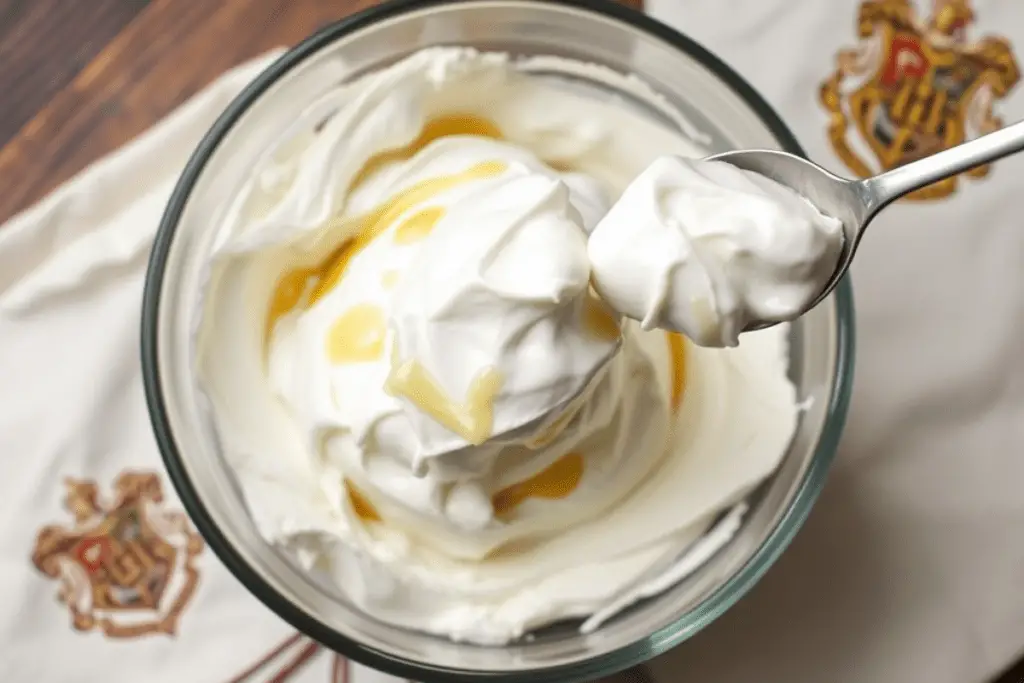 A bowl of thick, buttery whipped cream being prepared to top the Butterbeer, adding a rich and frothy finish.