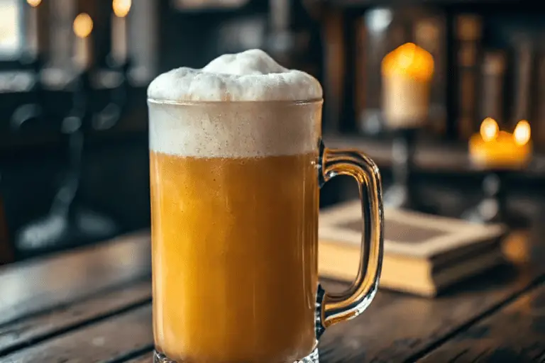 A frothy, golden Butterbeer in a vintage glass mug with thick, creamy foam, set on a rustic wooden table. The warm lighting and blurred background hint at a magical Hogwarts tavern atmosphere.