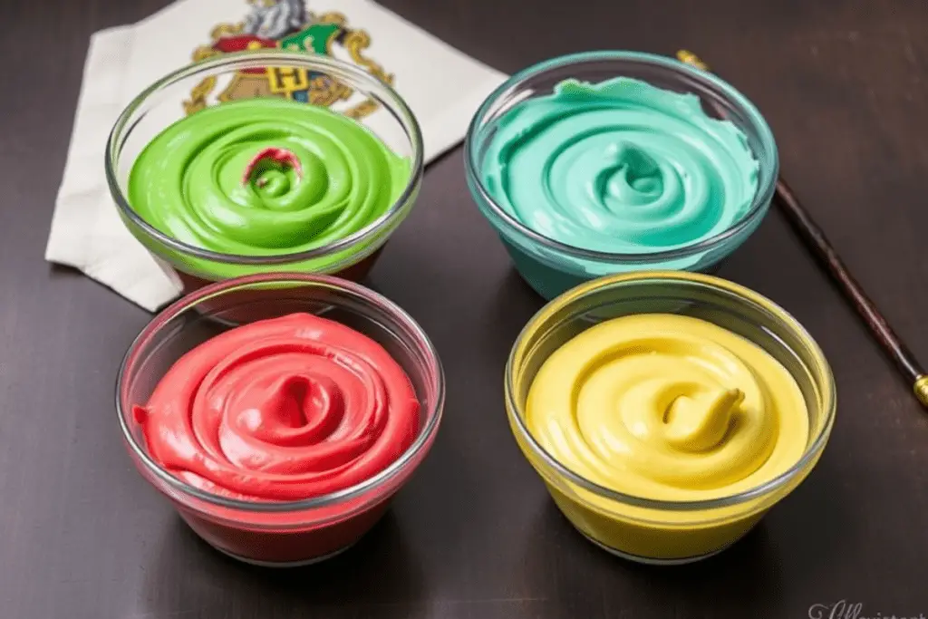 Four bowls of frosting in Hogwarts house colors—red, green, blue, and yellow—being prepared for piping onto butterbeer cupcakes.