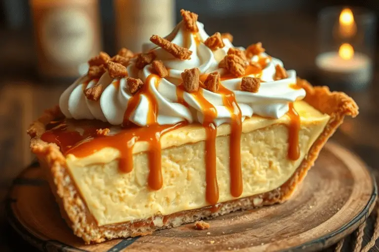 A creamy Butterbeer caramel pie with a flaky crust, topped with whipped cream, caramel drizzle, and crunchy toffee bits. Set on a rustic table with warm candlelight, capturing the magic of the wizarding world.