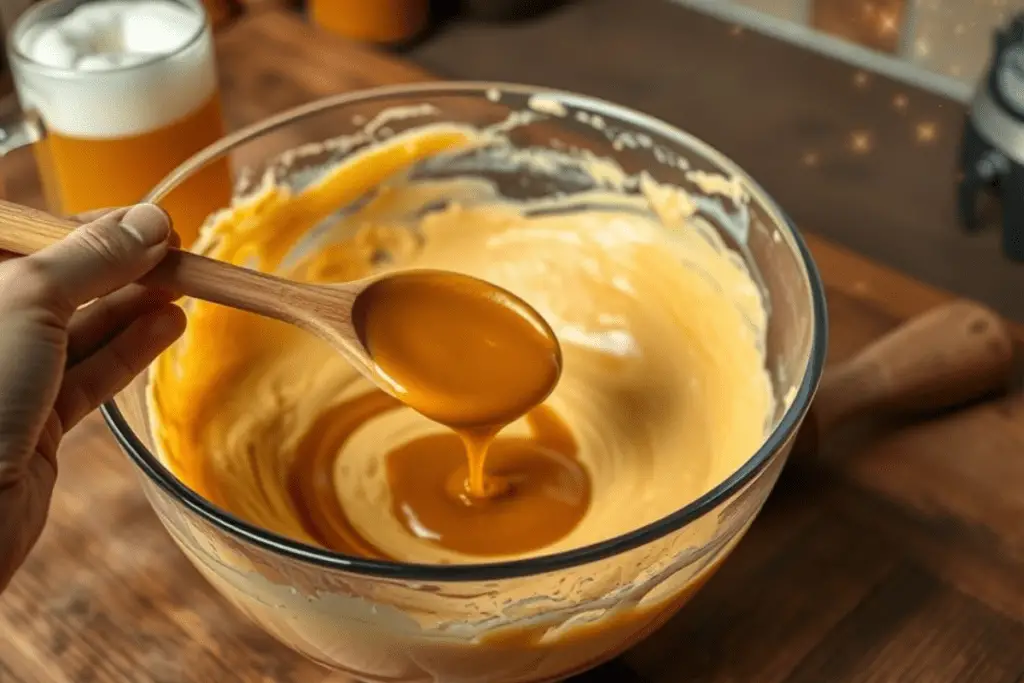 A mixing bowl filled with butterbeer cupcake batter being whisked until smooth, with golden butterscotch syrup added.