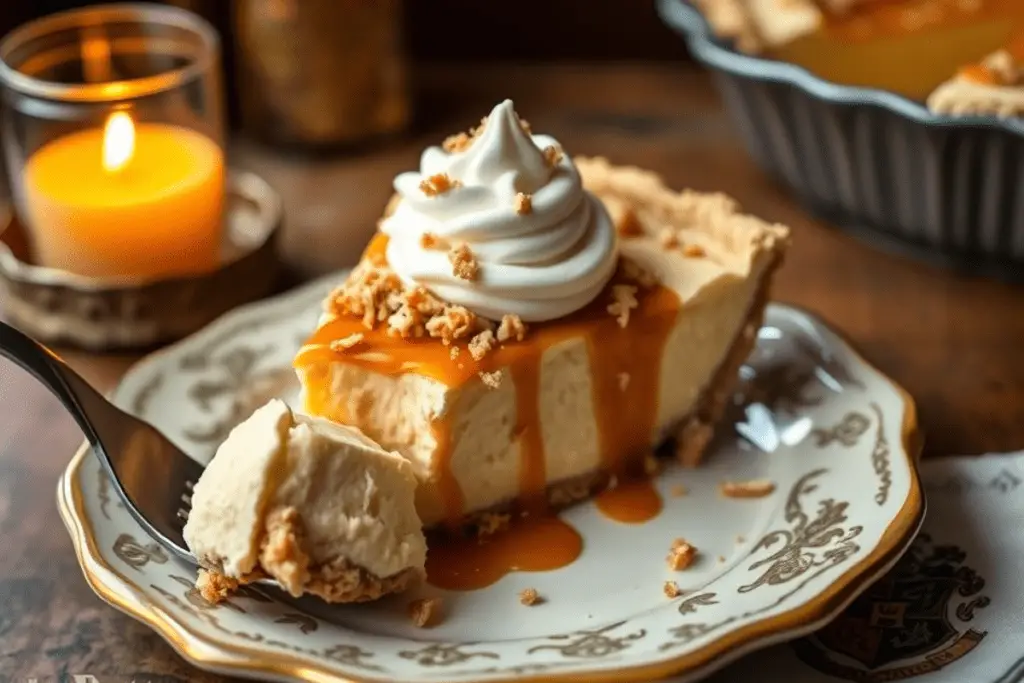 A slice of Butterbeer caramel cream pie served on a vintage plate, topped with caramel drizzle and crunchy toffee bits in a cozy, magical setting.