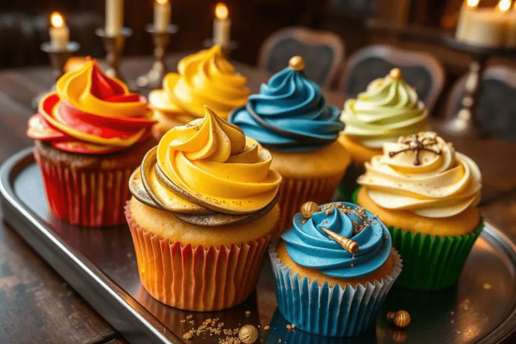 A tray of butterbeer cupcakes topped with swirled house-colored frosting, edible gold glitter, and magical decorations, styled in a Hogwarts feast setting.