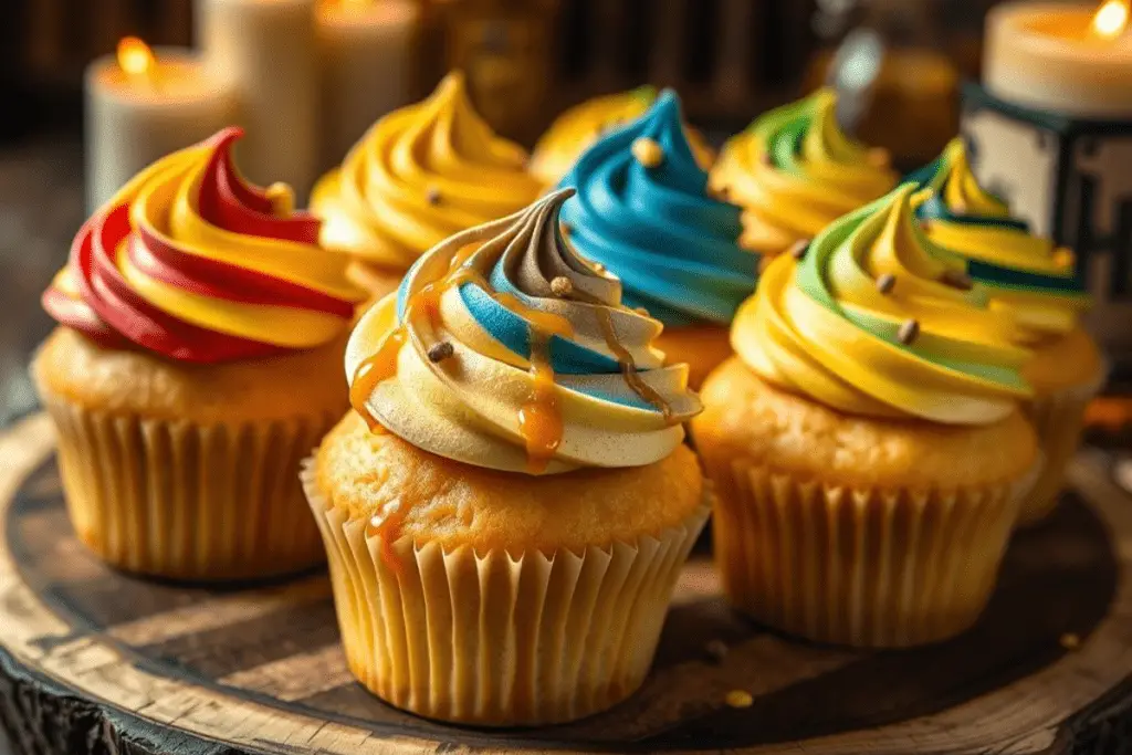 Golden Butterbeer cupcakes topped with swirled frosting in Hogwarts house colors, drizzled with butterscotch sauce and sprinkled with edible shimmer. Set on a rustic platter with warm candlelight, capturing the magic of Hogwarts pride.