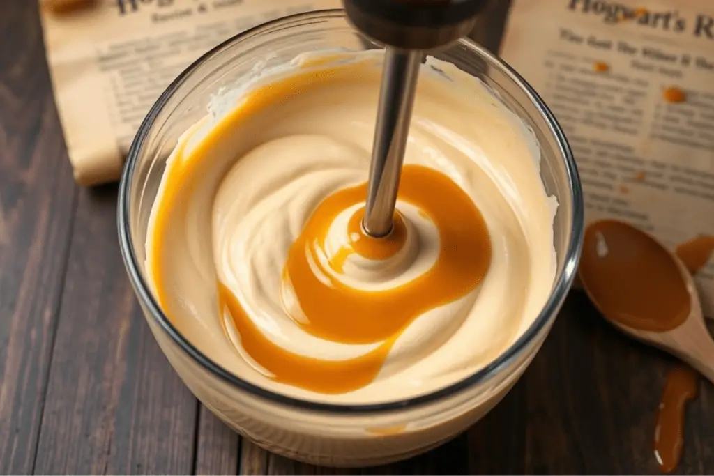 A mixing bowl with creamy Butterbeer caramel filling being blended, swirled with golden butterscotch sauce.