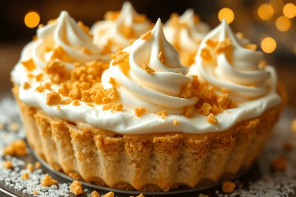 A Butterbeer caramel cream pie topped with fluffy whipped cream and crunchy toffee bits, creating a rich, magical dessert.