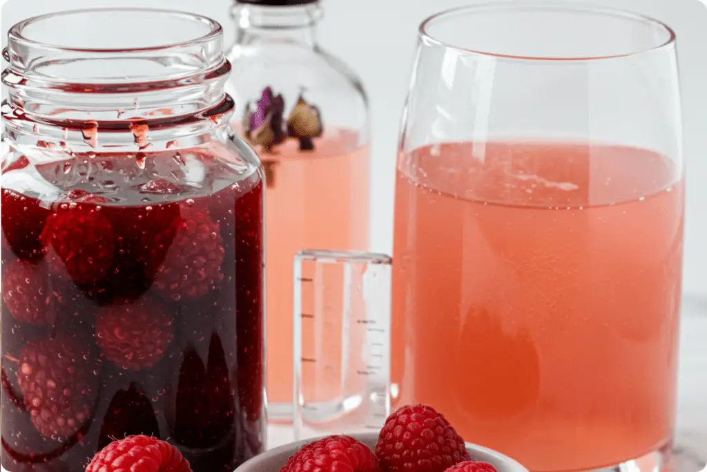 A beaker filled with pink strawberry syrup and sparkling lemonade, creating a love potion effect with floating raspberries.