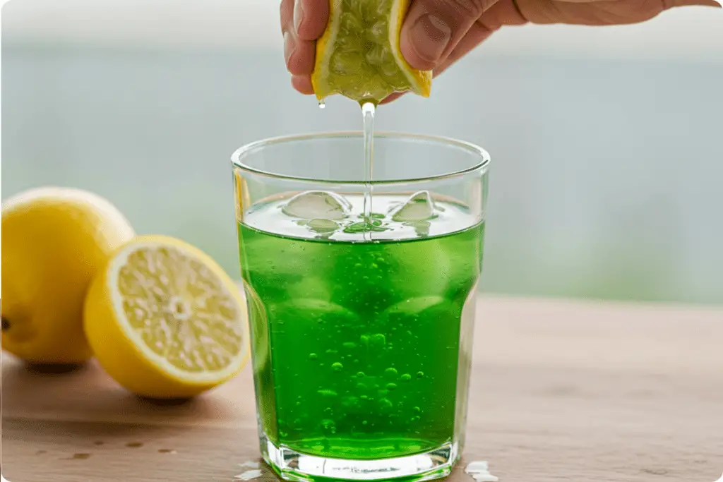 A glass of green Polyjuice Potion Lemonade, fizzing with sparkling water and garnished with a lemon slice, ready to be served.