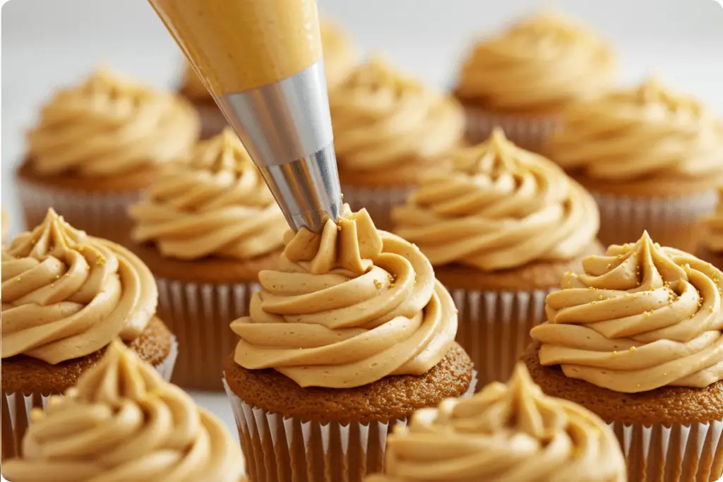 Freshly baked Butterbeer cupcakes rising in the oven, golden and caramelized on top, ready for frosting.