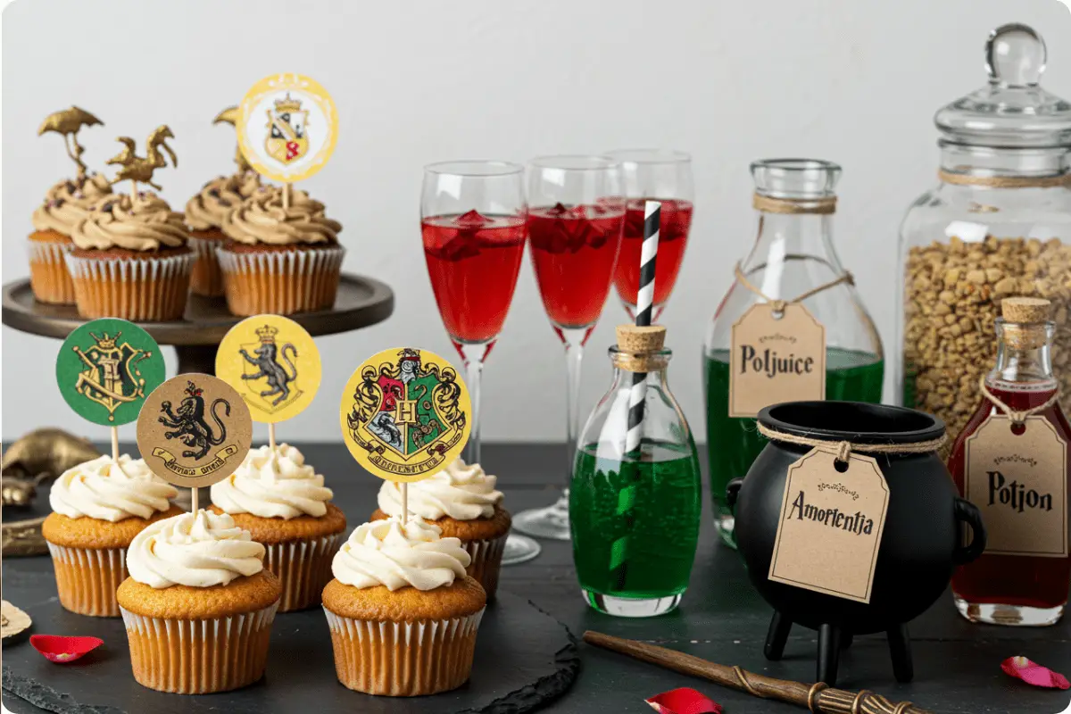 A magical Hogwarts potion-making scene with glowing potions, Butterbeer, enchanted desserts, and spellbook-shaped cookies, set in a dimly lit, mystical classroom with potion and bottles.