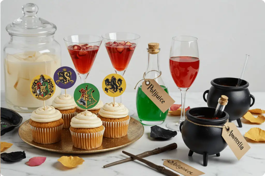 A magical Hogwarts potion-making scene with glowing potions, Butterbeer, enchanted desserts, and spellbook-shaped cookies, set in a dimly lit, mystical classroom with potion and bottles.