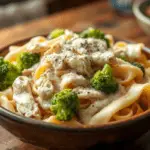 A bowl of creamy Crockpot Chicken Broccoli Alfredo with tender chicken, fresh broccoli, and fettuccine coated in a rich Alfredo sauce. Garnished with Parmesan and black pepper, served warm in a rustic ceramic bowl.