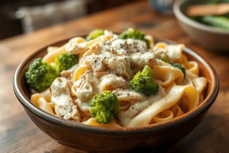 A bowl of creamy Crockpot Chicken Broccoli Alfredo with tender chicken, fresh broccoli, and fettuccine coated in a rich Alfredo sauce. Garnished with Parmesan and black pepper, served warm in a rustic ceramic bowl.