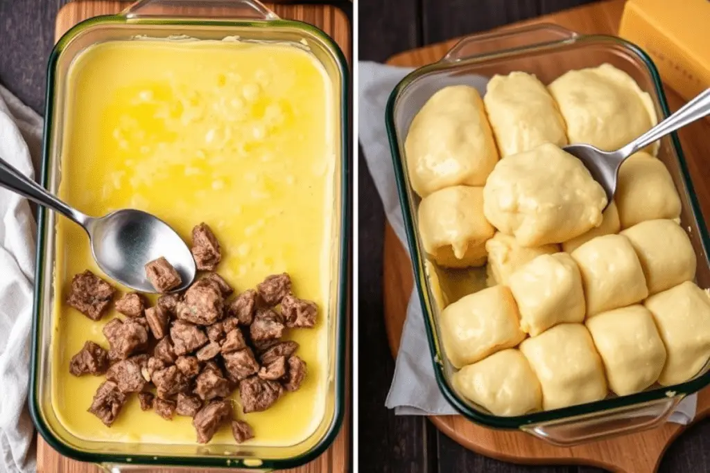 A baking dish with layers of biscuit dough and seasoned steak pieces, ready to bake into a buttery, cheesy biscuit dish.