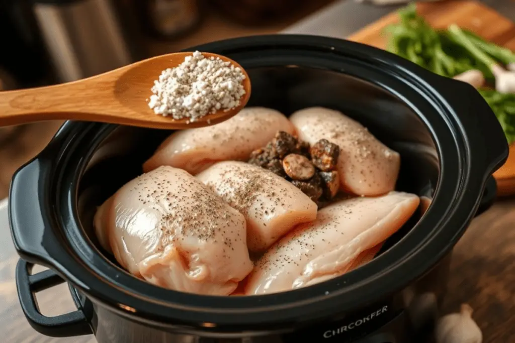 A crockpot filled with raw chicken breasts being seasoned with garlic powder, black pepper, and Italian herbs.