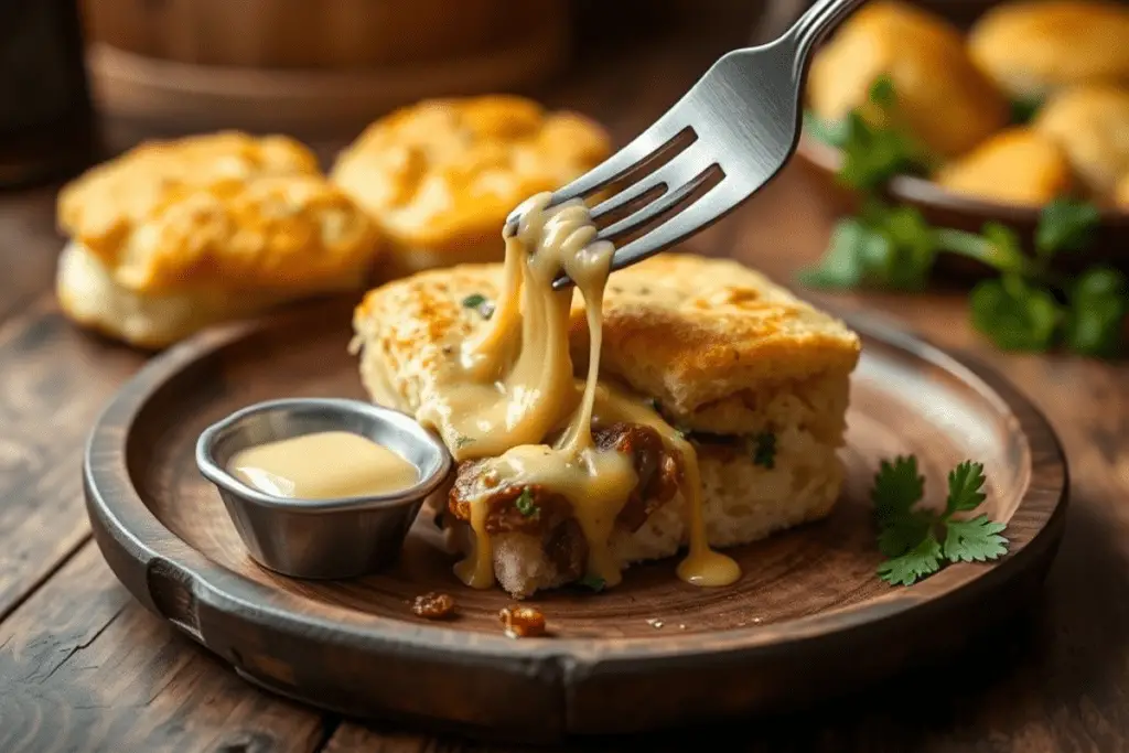 A serving of steak and cheese butter swim biscuits on a wooden plate, with melted cheese stretching from the fluffy, buttery layers.