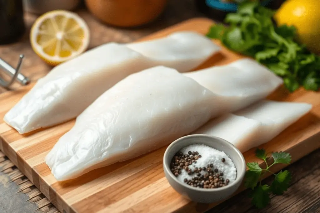 Fresh white fish fillets being patted dry and seasoned with salt, pepper, and paprika on a wooden cutting board.