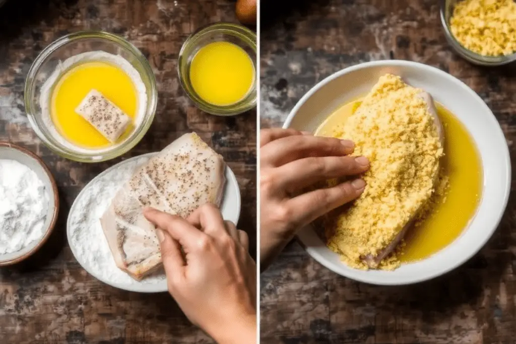 A fish fillet being coated in flour, dipped in egg wash, and covered with crispy golden breadcrumbs.