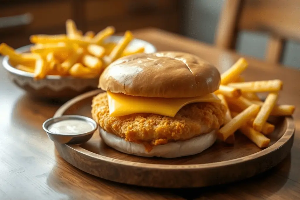 A homemade Filet-O-Fish sandwich served with crispy golden fries and extra tartar sauce on a rustic wooden plate.