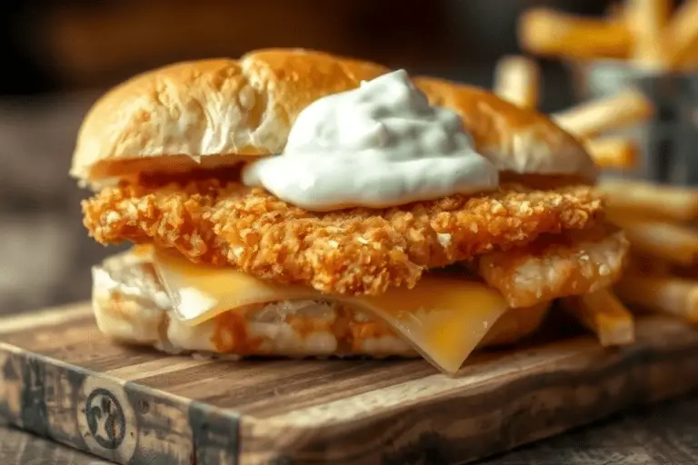 A homemade Filet-O-Fish sandwich with a crispy fish fillet, melted American cheese, and creamy tartar sauce on a soft bun. Served on a wooden board with crispy fries, capturing the fresh, homemade fast-food experience.