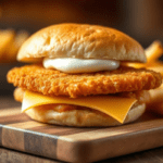 A homemade Filet-O-Fish sandwich with a crispy fish fillet, melted American cheese, and creamy tartar sauce on a soft steamed bun. Served with crispy fries on a wooden board, capturing the fresh, homemade fast-food experience.