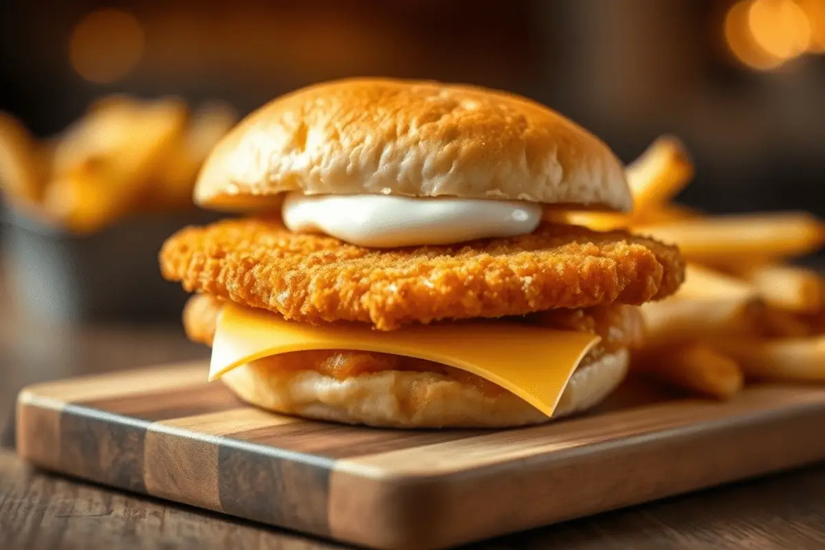 A homemade Filet-O-Fish sandwich with a crispy fish fillet, melted American cheese, and creamy tartar sauce on a soft steamed bun. Served with crispy fries on a wooden board, capturing the fresh, homemade fast-food experience.