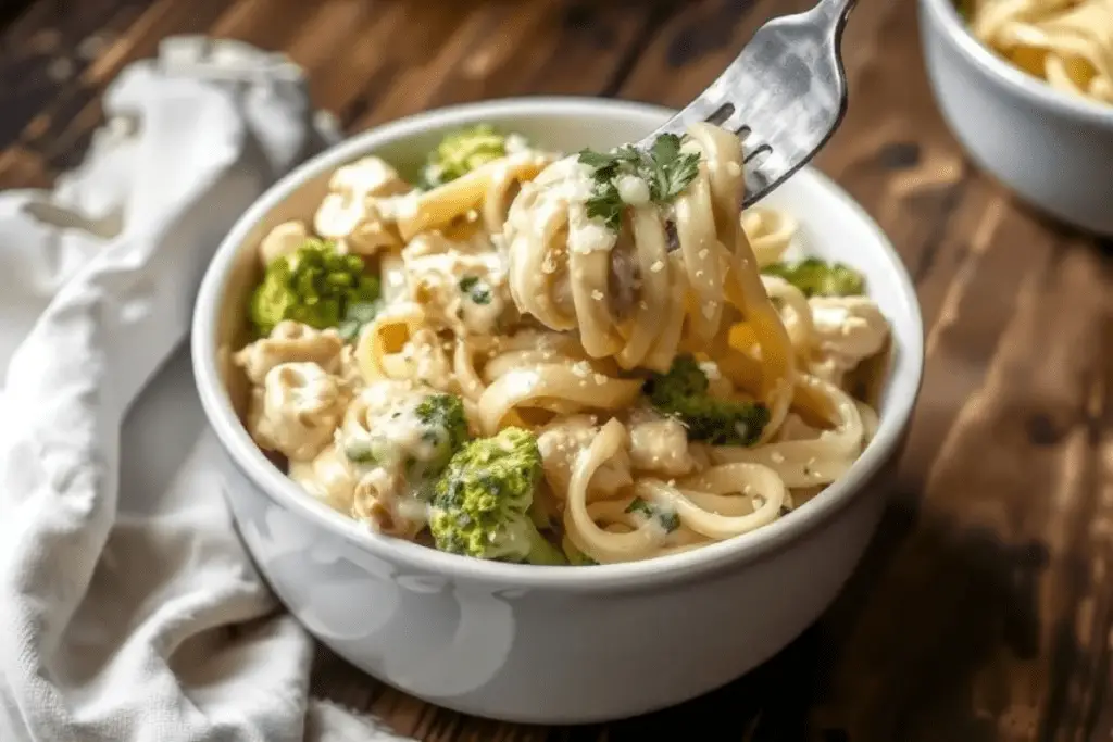 A bowl of Crockpot Chicken Broccoli Alfredo garnished with Parmesan cheese and fresh parsley, served on a rustic wooden table.