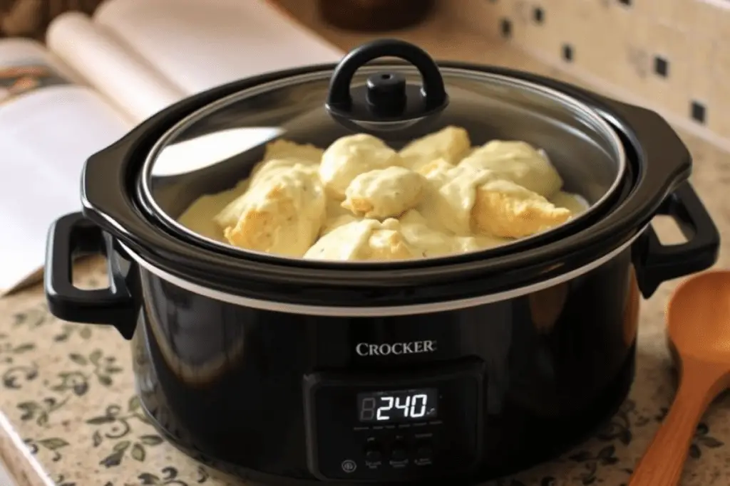 A crockpot cooking chicken in Alfredo sauce, with steam rising from the edges and a timer set for slow cooking.