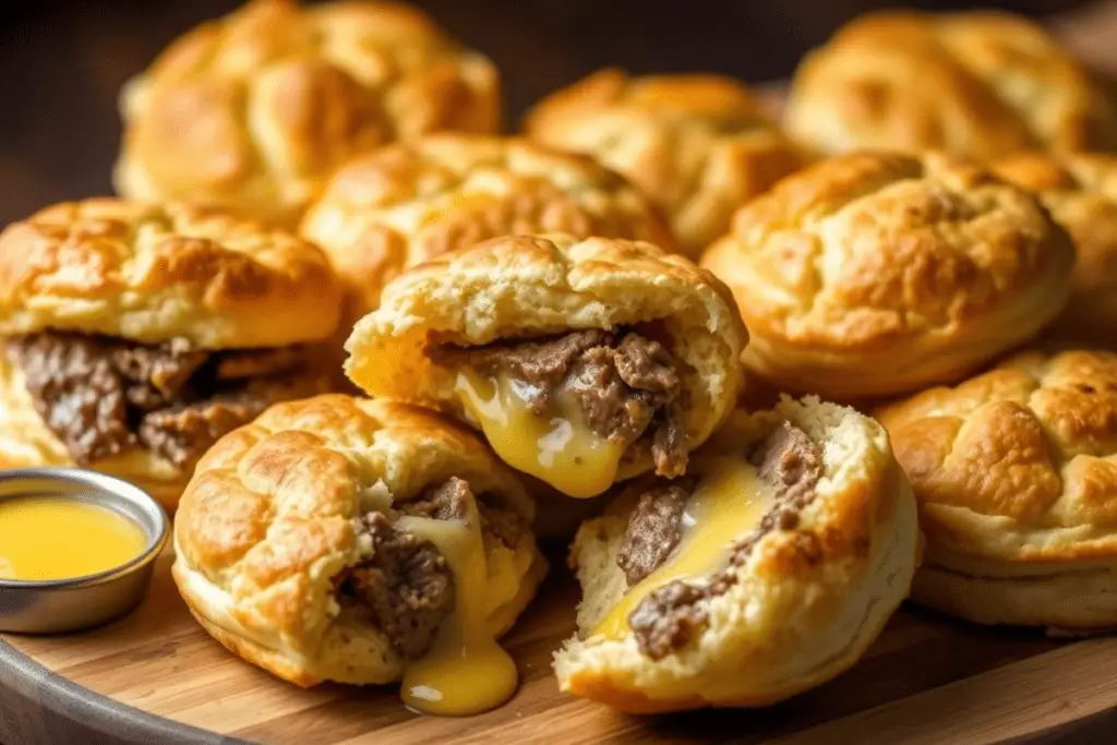 Golden butter swim biscuits filled with tender steak and melted cheese, with a crispy crust and gooey center. Served on a wooden board with warm lighting, highlighting their rich, buttery texture.