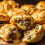 Golden butter swim biscuits filled with tender steak and melted cheese, with a crispy crust and gooey center. Served on a wooden board with warm lighting, highlighting their rich, buttery texture.