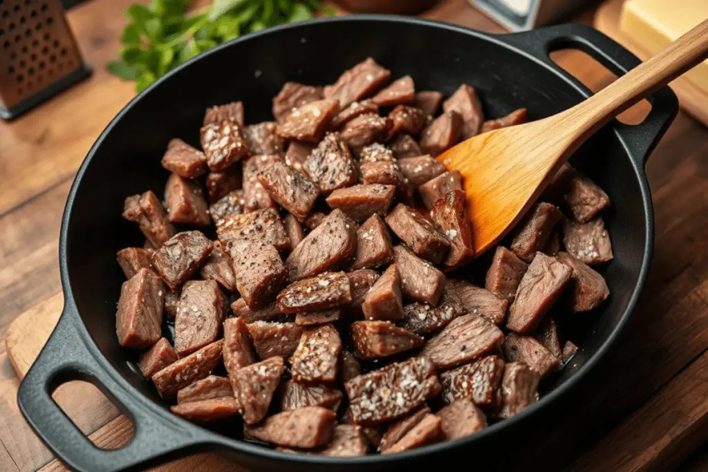 A cast-iron skillet filled with sizzling, seasoned steak slices being cooked to tender perfection.