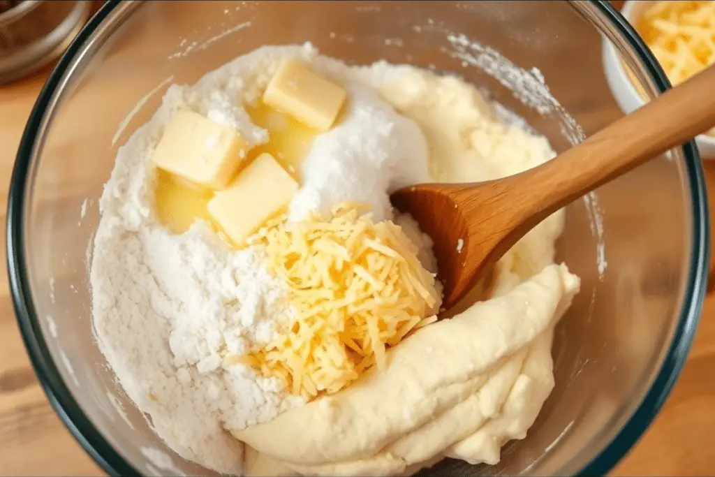 A mixing bowl with flour, baking powder, shredded cheese, and melted butter being stirred into biscuit dough.