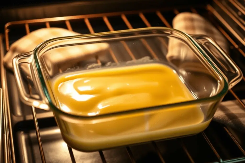 A glass baking dish with melted golden butter, creating a rich base for butter swim biscuits.