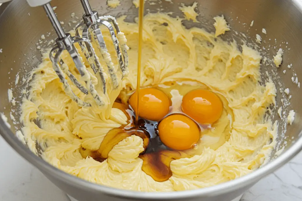 Eggs and vanilla being added to a stand mixer with creamed butter and sugar, forming the base of Crumbl cookie dough.