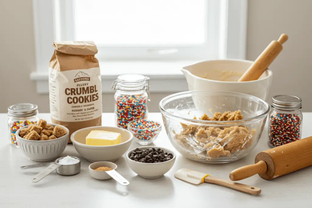 A kitchen counter with ingredients like butter, sugar, eggs, and flour, set up for making homemade Crumbl cookies.