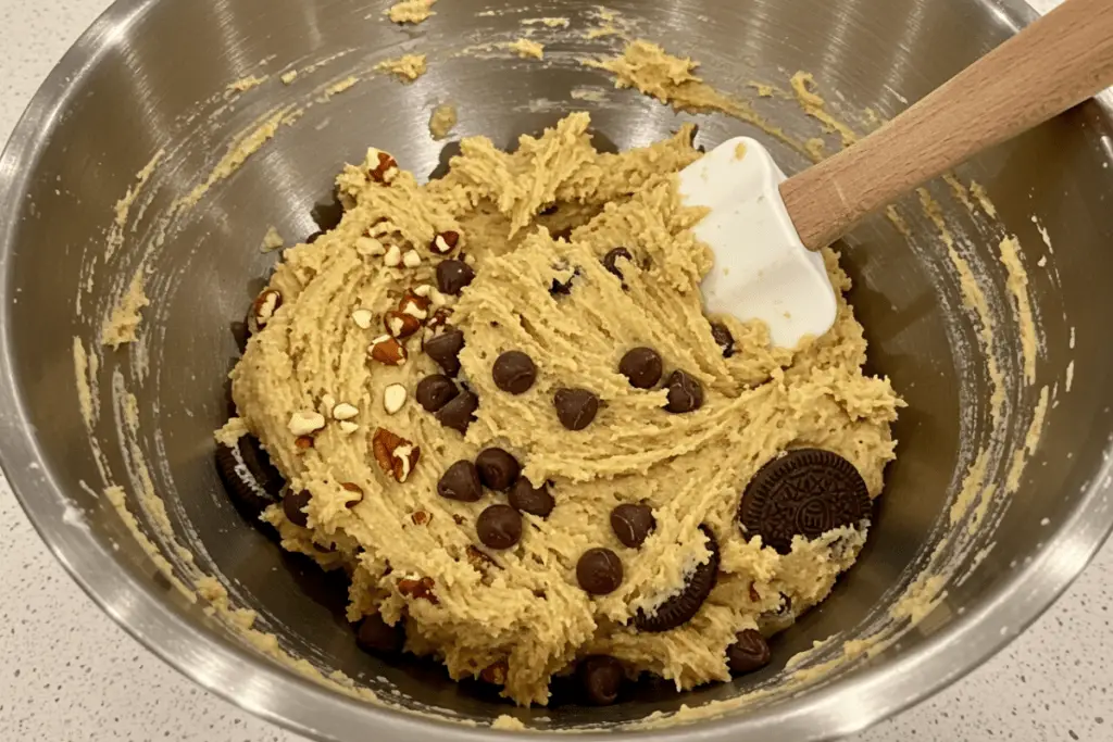 A large bowl of thick cookie dough with chocolate chips being mixed in for the perfect Crumbl-style cookies.