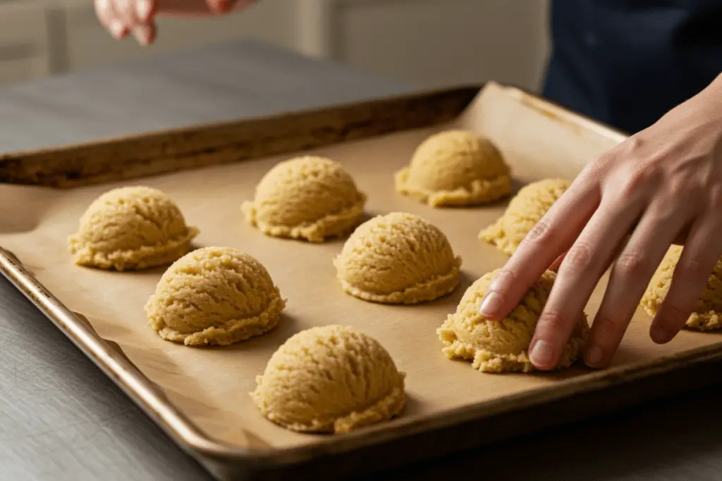 Raw cookie dough balls on a baking sheet, shaped into large, thick cookies just like Crumbl’s signature style.