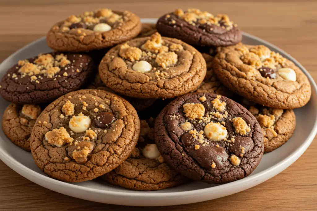 A tray of homemade Crumble cookies with thick, chewy centers, including chocolate chip, frosted sugar, and brownie cookies. Displayed on parchment paper with a glass of milk in a cozy kitchen setting.