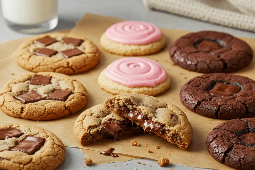 A tray of homemade Crumble cookies with thick, chewy centers, including chocolate chip, frosted sugar, and brownie cookies. Displayed on parchment paper with a glass of milk in a cozy kitchen setting.