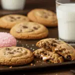 A tray of homemade Crumble cookies with thick, chewy centers, including chocolate chip, frosted sugar, and brownie cookies. Displayed on parchment paper with a glass of milk in a cozy kitchen setting.