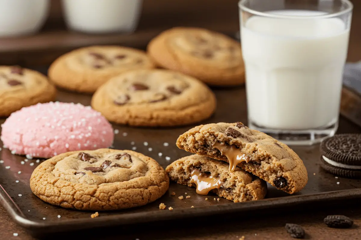 A tray of homemade Crumble cookies with thick, chewy centers, including chocolate chip, frosted sugar, and brownie cookies. Displayed on parchment paper with a glass of milk in a cozy kitchen setting.