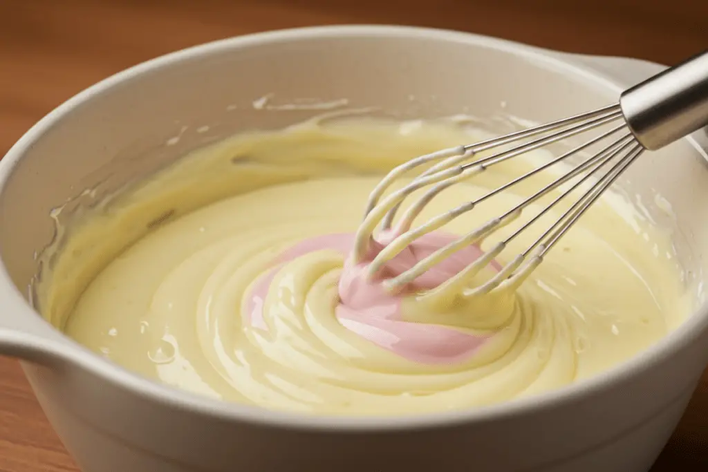 A bowl of silky vanilla pudding being whisked with pastel-colored food dye, creating a smooth and festive trifle layer